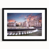 Abstract art print of Madrid with vibrant, colorful textures on a large framed canvas, ideal for living room decor.