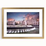 Extra large abstract art print of Madrid scenery in muted earth tones on a textured canvas, framed in gold.