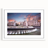 Abstract art print of Madrid skyline in muted gray and blue tones on a framed canvas, suitable for dining room decor.