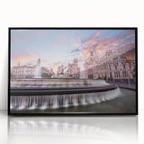 Large abstract wall art depicting Madrid's cityscape in muted earth tones on a framed acrylic.