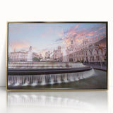 Large art print of a mid-century modernist Madrid cityscape in gold and beige tones on acrylic.