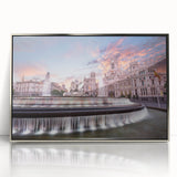 Mid-century modernist art depicting Madrid skyline in muted gray and blue tones on a framed acrylic print.