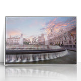 Art deco poster of Madrid skyline in muted pastel shades, framed acrylic, ideal for modern nursery wall art.