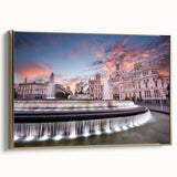 Framed canvas of a vintage-style Madrid landscape in black and gold tones, ideal for bedroom wall art.
