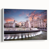 Vintage poster art of Madrid scenery in vibrant colors on a large framed canvas, ideal for living room decor.