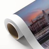 Art Deco poster of Madrid skyline in muted blue and gray, rolled canvas, ideal for nursery wall art.