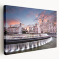 Large stretched canvas depicting a vibrant street scene in Madrid with vivid red and yellow tones.