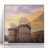 Art deco poster of Valencia scenery in muted earth tones on a white acrylic framed print, suited for modern art wall decor.