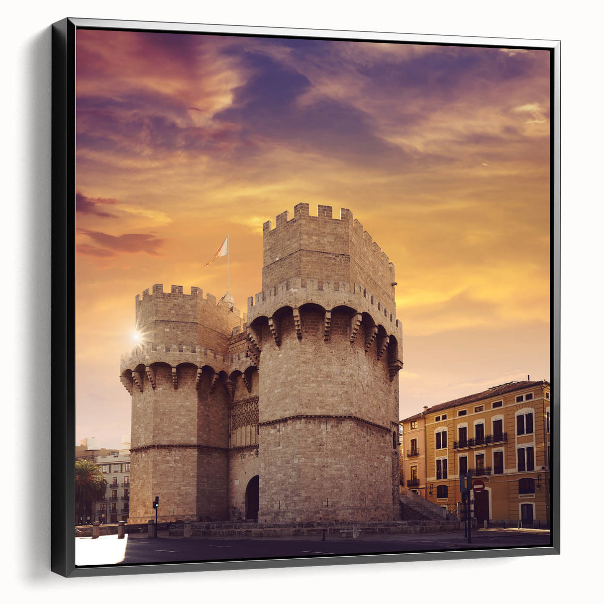 Black and white framed canvas of a vintage Valencia landscape, ideal for bedroom wall decor.