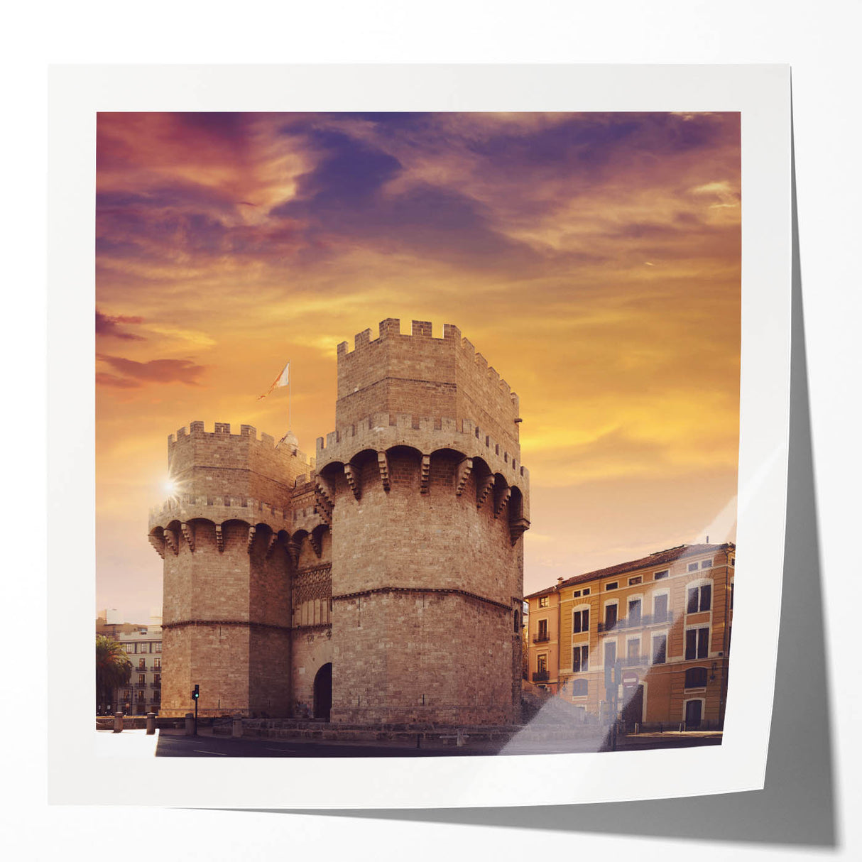 Rolled canvas print of Valencia scenery with vibrant floral elements in pastel colors, ideal for dining room wall art.