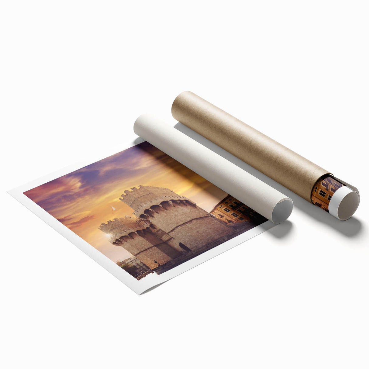Rolled print of a serene Valencia landscape with soft floral accents in earth tones, suitable for classy bathroom wall art.