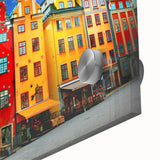 Large abstract wall art of Stockholm's cityscape in muted gray and blue tones on acrylic glass, ideal for dining room decor.