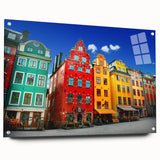 Acrylic print of Stockholm scenery featuring cool blue and gray tones, ideal for modern dining room decor.