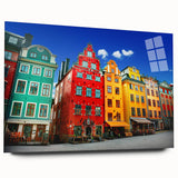 Large abstract wall art of Stockholm scenery in muted blue tones on acrylic glass, ideal for bedroom or dining room decor.