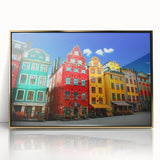 Acrylic print of Stockholm scenery in gold frame, featuring mid-century modernist style, ideal for nursery wall decor.