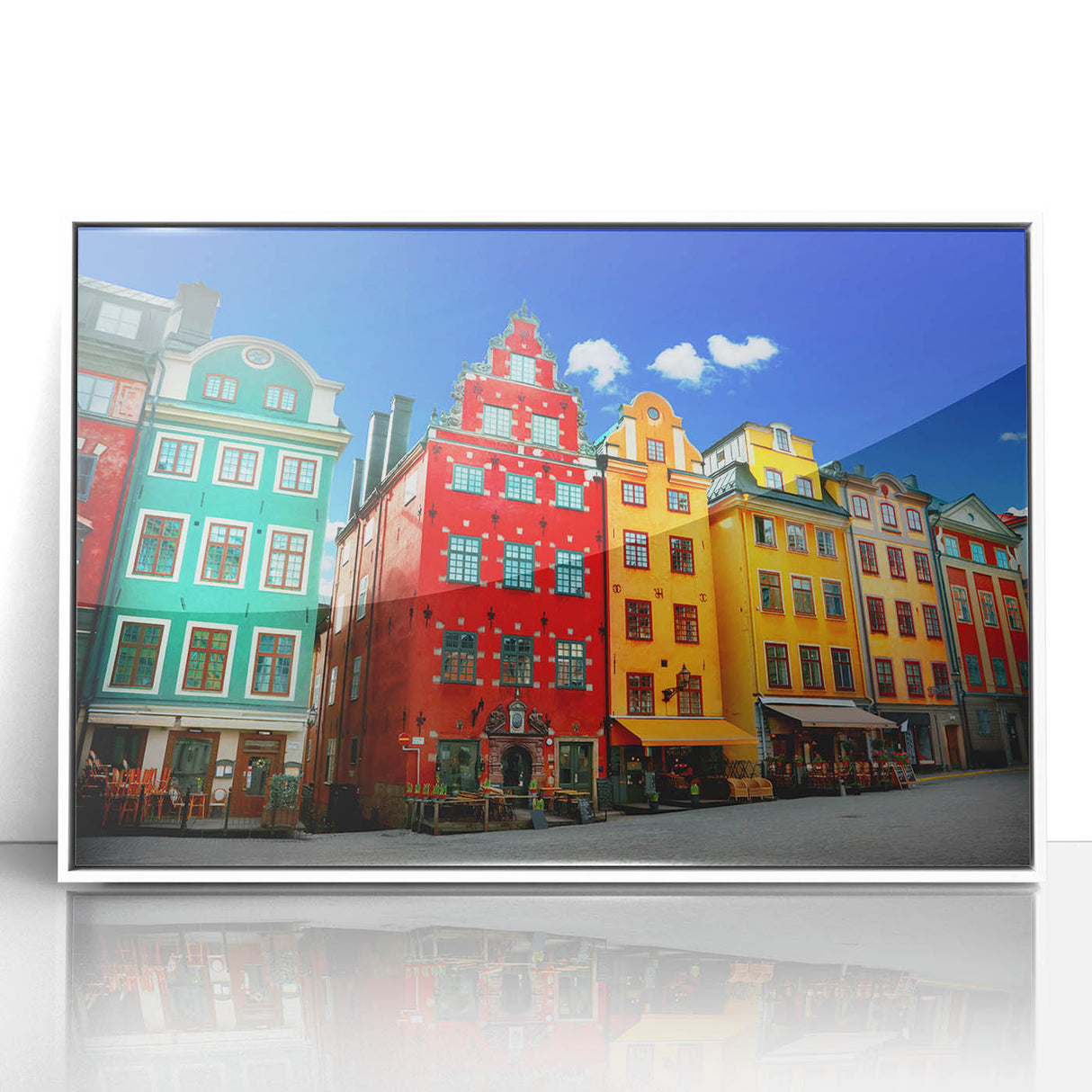 Acrylic print of Stockholm scenery in art deco style with muted blue and white tones, ideal for modern nursery wall art.