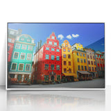 Acrylic print of Stockholm scenery in art deco style with muted blue and white tones, ideal for modern nursery wall art.