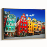 Framed canvas of vintage Stockholm landscape in black and gold tones, suitable for bedroom decor.