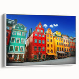 Vintage poster art of Stockholm cityscape in muted colors on a large framed canvas, suitable for living room decor.