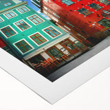 Art deco poster of Stockholm skyline in muted blue and gold, printed on rolled canvas, suitable for dining room decor.