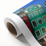 Art Deco poster of Stockholm skyline in pastel shades on rolled canvas, ideal for nursery wall art.