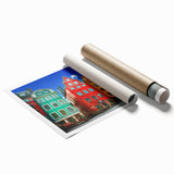 Extra large rolled print of Stockholm scenery with soft floral elements in pastel shades, ideal for classy bathroom wall art.