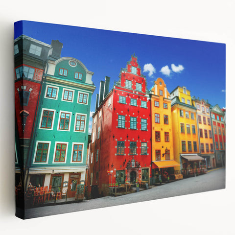 Large art print of Stockholm scenery on stretched canvas, with muted blue and gray tones, ideal for kitchen wall art.