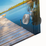 Large abstract wall art print featuring a mid-century modernist Swedish landscape in muted earth tones on acrylic glass.