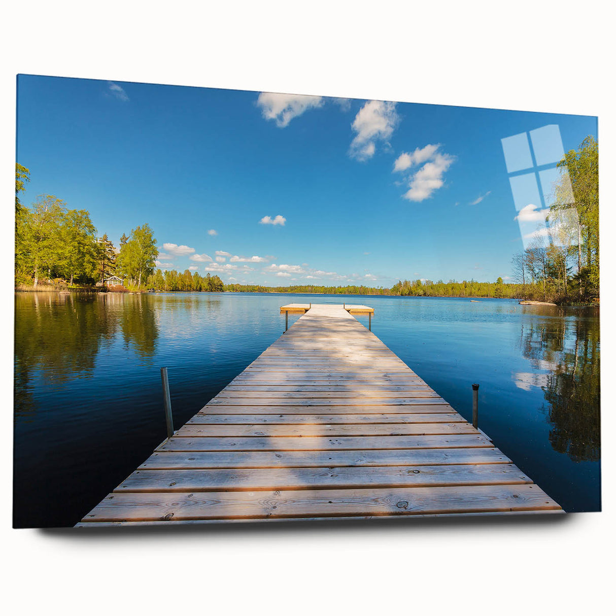 Large abstract wall art of a serene Swedish landscape in pastel shades on acrylic glass.