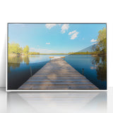 Art Deco poster of a serene Swedish landscape in soft pastel shades, framed acrylic, perfect for modern nursery decor.