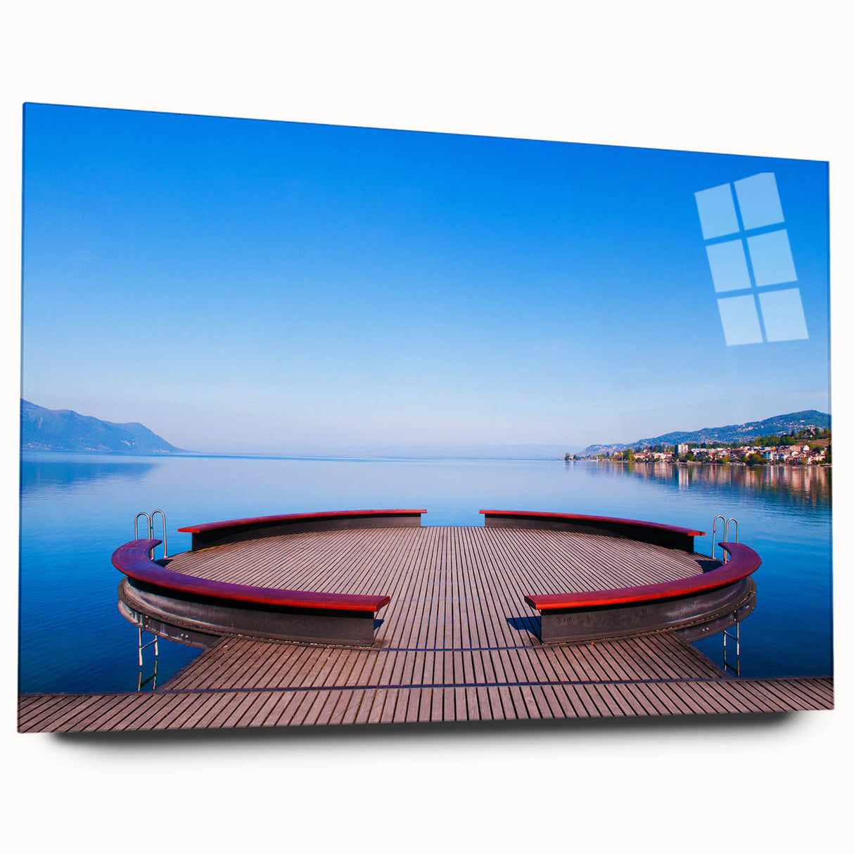 Acrylic print of a large abstract depiction of Geneva, featuring muted blue and gray tones.