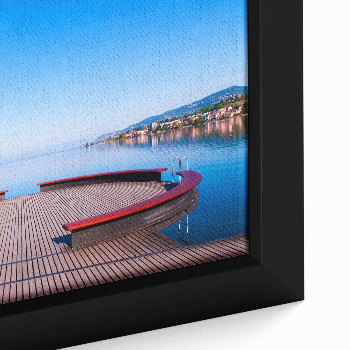 Extra large framed canvas of Geneva scenery in textured black with colorful accents, ideal for living room decor.