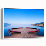 Vintage poster art of Geneva scenery on extra large framed canvas in colorful palette, suitable for living room decor.