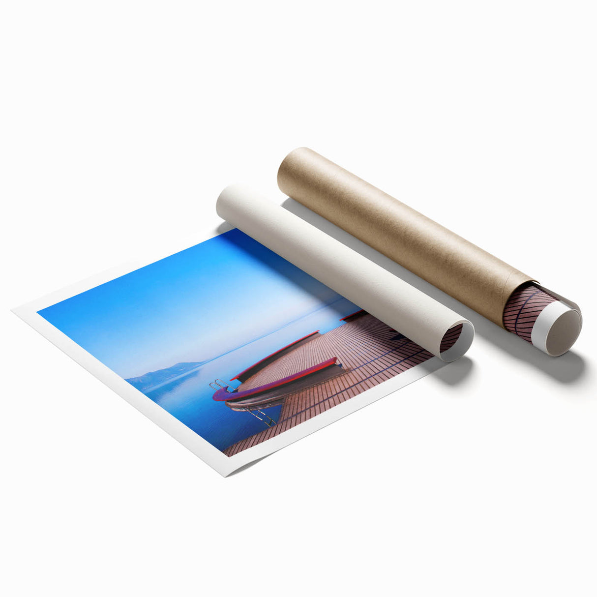 Extra large rolled print of a tranquil Geneva lake scene in muted blues and greens, ideal for classy bathroom wall art.