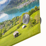 Large abstract wall art of Swiss landscape in muted earth tones on acrylic glass, ideal for dining room art.