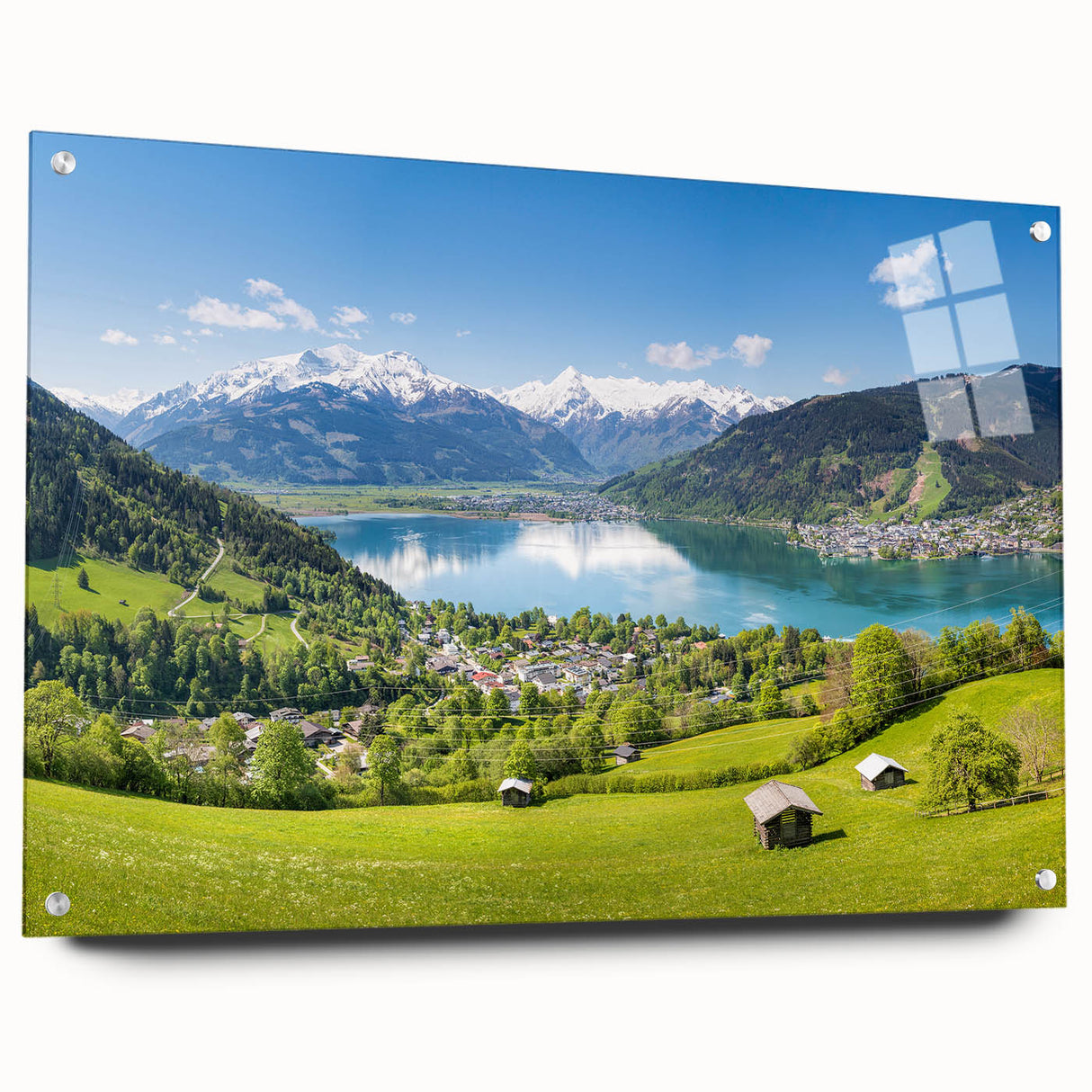 Acrylic print of a Swiss landscape in muted green and blue tones, suitable for dining room decor.