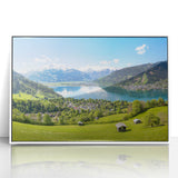 Art deco poster of a Swiss landscape in muted colors on framed acrylic, suitable for modern art wall decor.