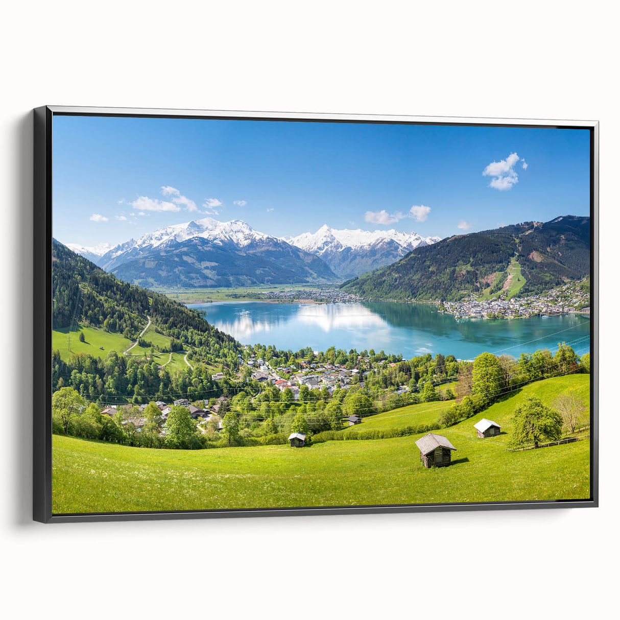 Black and white wall art featuring a vintage Swiss landscape on framed canvas, ideal for bedroom decor.