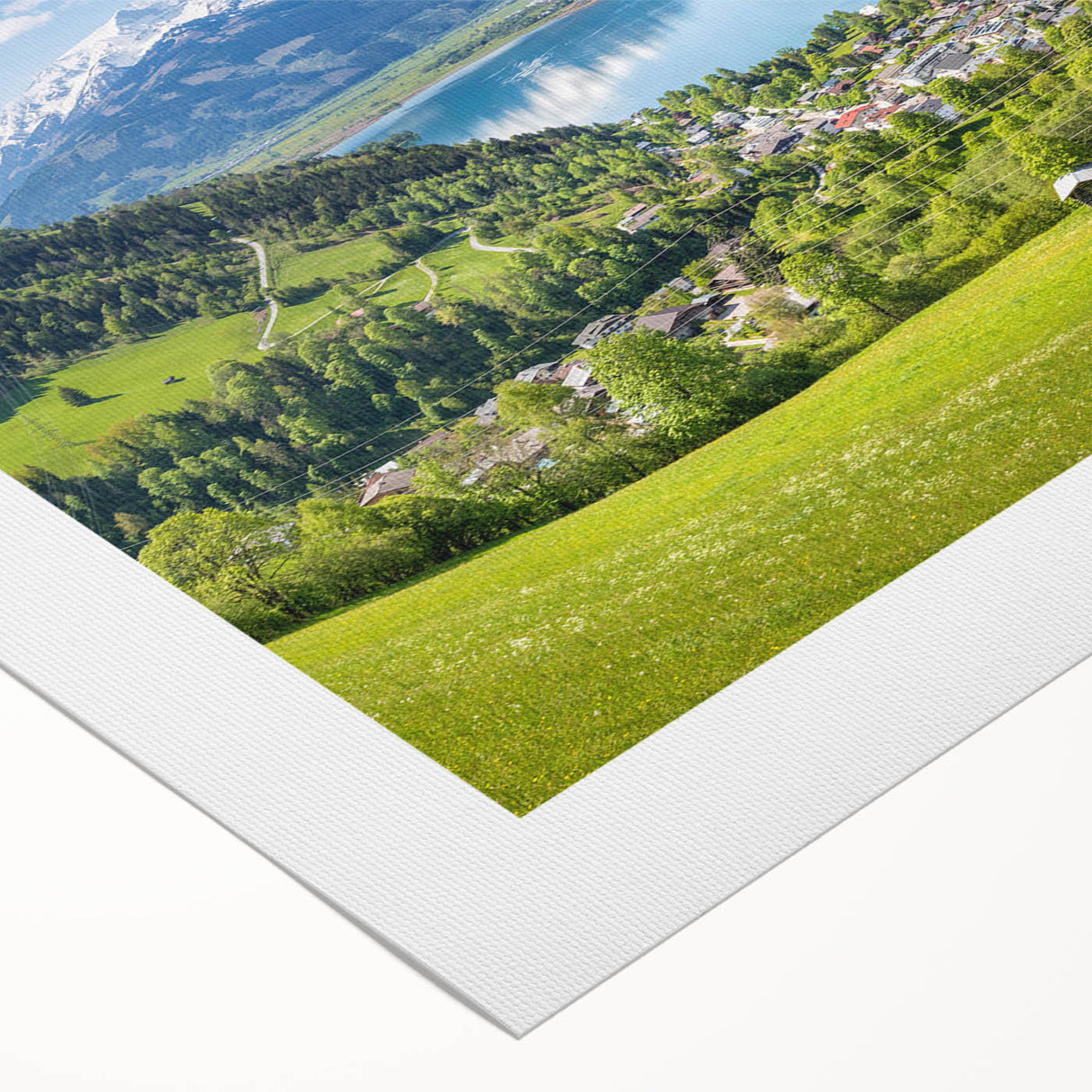 Art deco poster of a Swiss landscape in muted earth tones on rolled canvas, suitable for dining room decor.