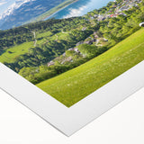 Art deco poster of a Swiss landscape in muted earth tones on rolled canvas, suitable for dining room decor.