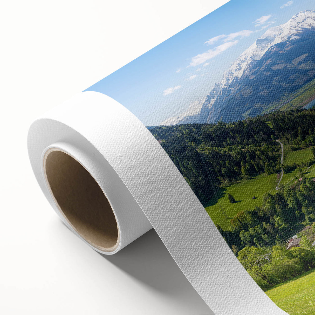 Art Deco style poster of a Swiss landscape in muted colors on rolled canvas, ideal for nursery wall art.