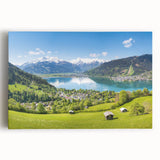 Black and white stretched canvas depicting a serene Swiss landscape, ideal for kitchen wall art.