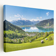 Landscape painting of a Swiss village on stretched canvas, showcasing muted earth tones, ideal for kitchen wall art.