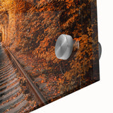 Large abstract wall art depicting a European scenery in muted earth tones on acrylic glass, ideal for dining room ambiance.