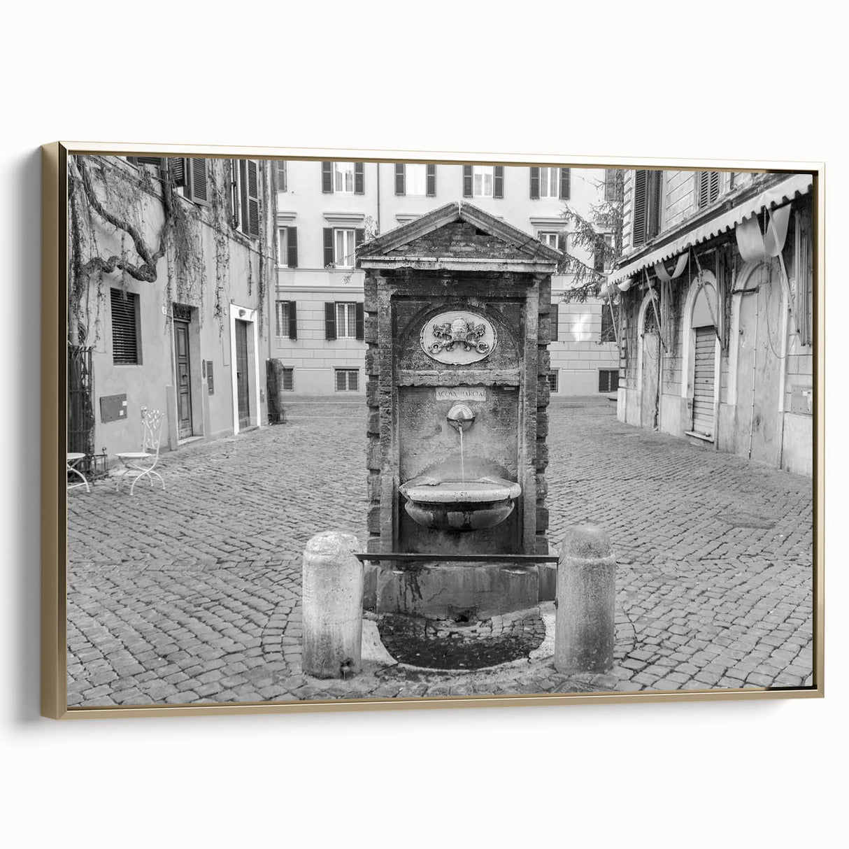 Framed canvas wall art depicting a vintage-style landscape of the Vatican in muted gold and black tones.