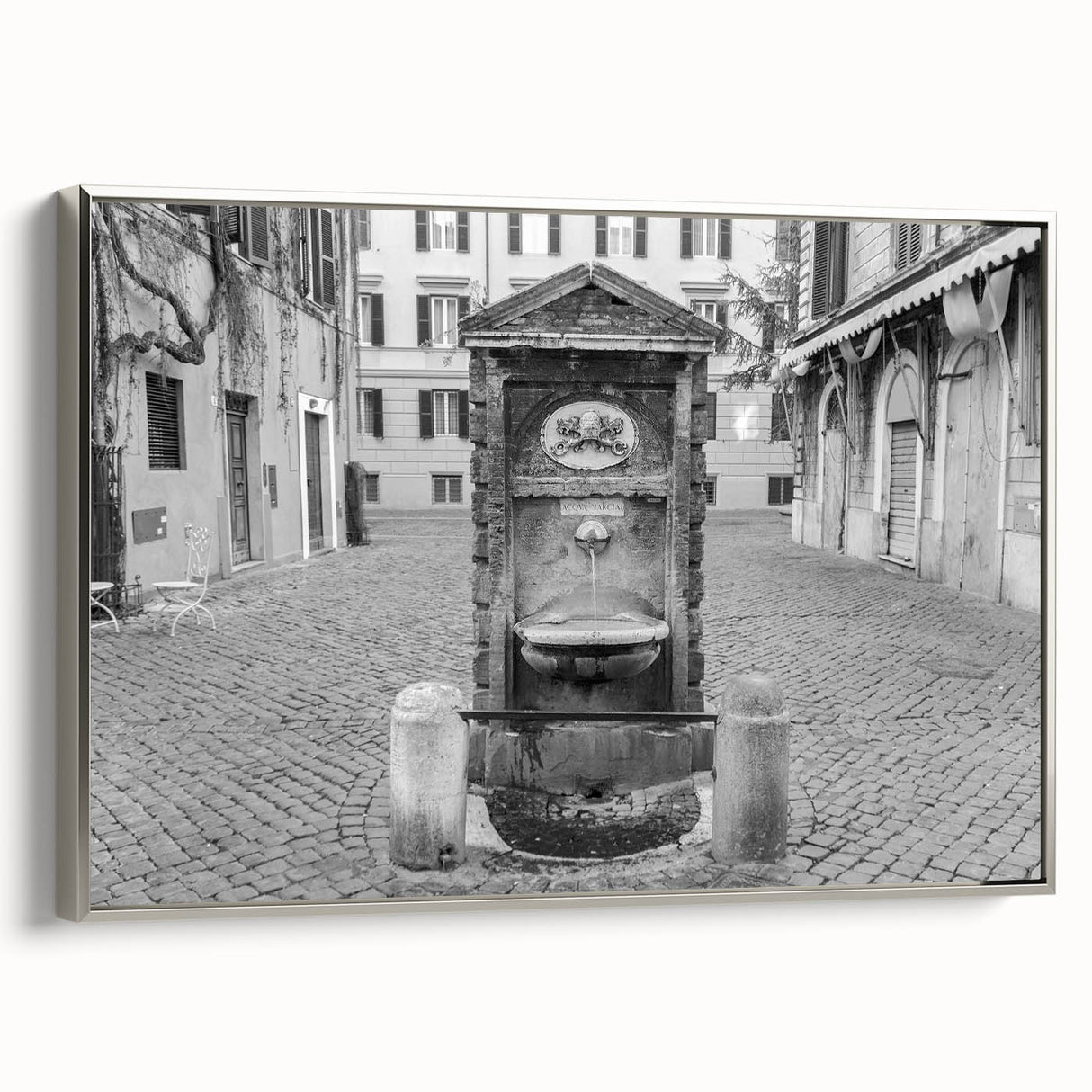 Framed canvas depicting a vintage-style landscape of the Vatican, with a color palette of black and vibrant hues.
