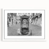 Abstract art print of the Vatican scenery in muted earth tones on a framed white mat, ideal for dining room decor.