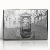 Mid-century modernist art of the Vatican in muted earth tones on a silver-framed acrylic, suitable for nursery wall art.