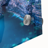 Large abstract wall art depicting a Welsh landscape in muted greens and blues on acrylic glass.