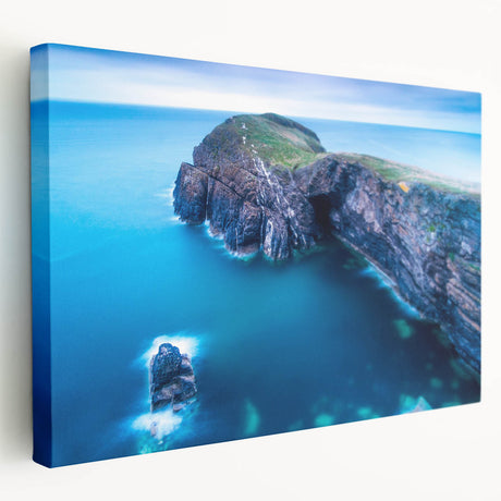 Large stretched canvas featuring a scenic Welsh landscape in muted green and blue tones, ideal for kitchen wall art.